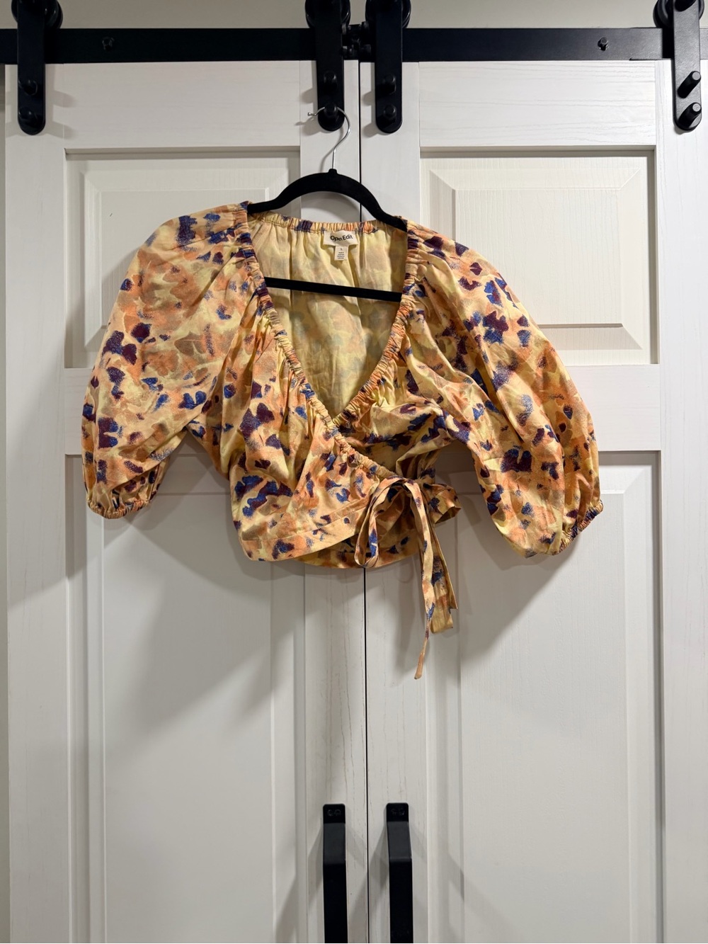 Yellow Floral Wrap Crop Blouse with Puff Sleeves